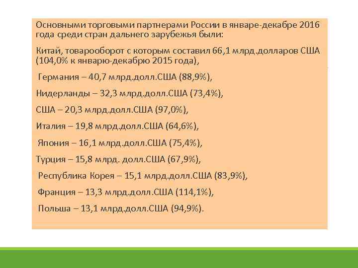  Основными торговыми партнерами России в январе-декабре 2016 года среди стран дальнего зарубежья были: