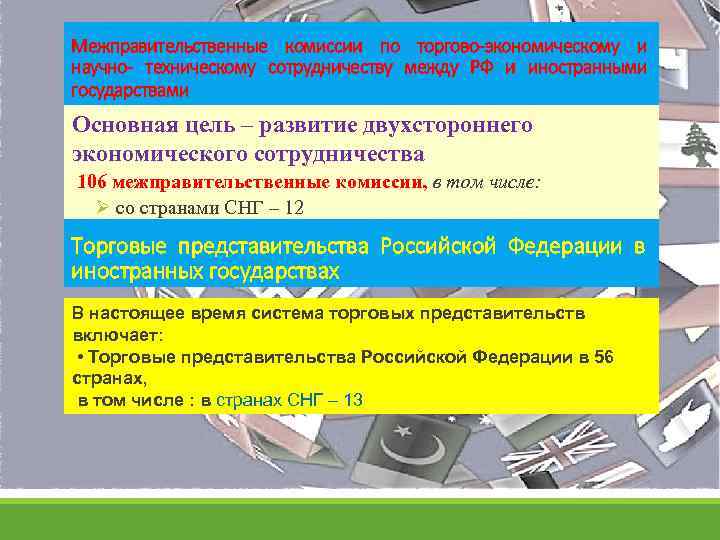 Межправительственные комиссии по торгово-экономическому и научно- техническому сотрудничеству между РФ и иностранными государствами Основная