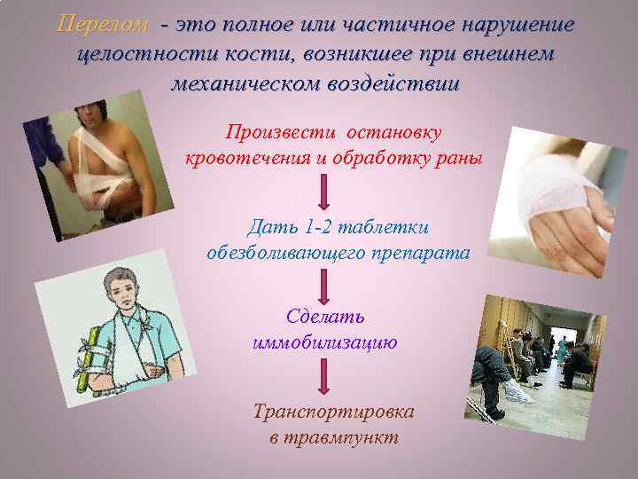 Перелом - это полное или частичное нарушение целостности кости, возникшее при внешнем механическом воздействии