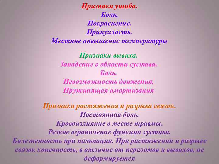 Признаки ушиба. Боль. Покраснение. Припухлость. Местное повышение температуры Признаки вывиха. Западение в области сустава.