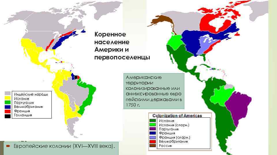 Коренное население Америки и первопоселенцы Индейские народы Испания Португалия Великобритания Франция Голландия Европейские колонии