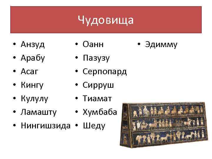 Чудовища • • Анзуд Арабу Асаг Кингу Кулулу Ламашту Нингишзида • • Оанн Пазузу