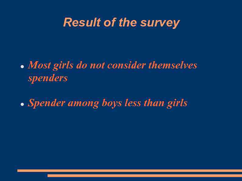 Result of the survey Most girls do not consider themselves spenders Spender among boys