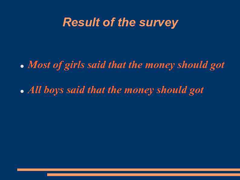 Result of the survey Most of girls said that the money should got All