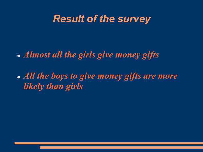 Result of the survey Almost all the girls give money gifts All the boys