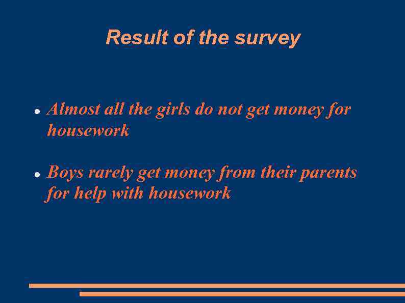 Result of the survey Almost all the girls do not get money for housework