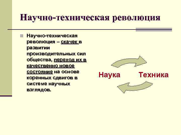 Научно-техническая революция n Научно-техническая революция – скачек в развитии производительных сил общества, переход их