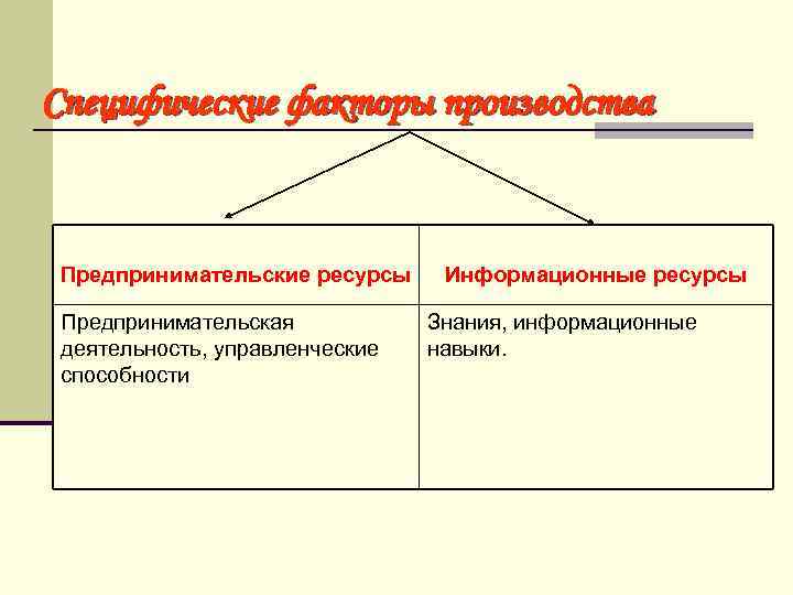 Специфические факторы производства Предпринимательские ресурсы Предпринимательская деятельность, управленческие способности Информационные ресурсы Знания, информационные навыки.