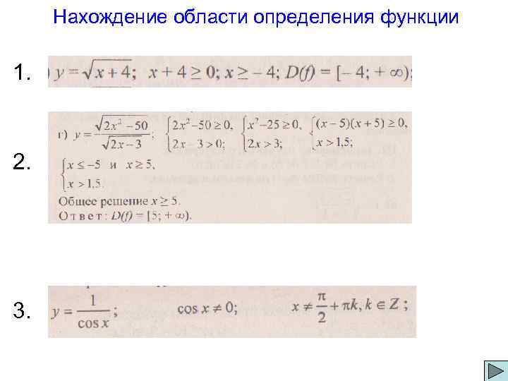 Нахождение области определения функции 1. 2. 3. 