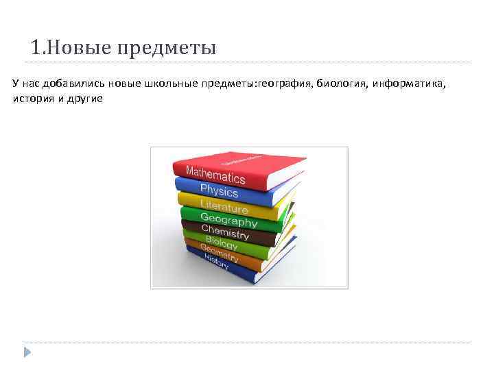 1. Новые предметы У нас добавились новые школьные предметы: география, биология, информатика, история и