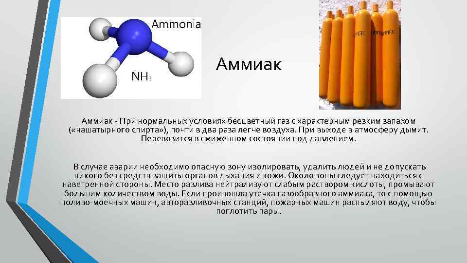 Аммиак - При нормальных условиях бесцветный газ с характерным резким запахом ( «нашатырного спирта»