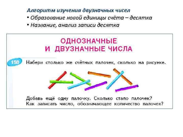 Алгоритм изучения двузначных чисел • Образование новой единицы счёта – десятка • Название, анализ