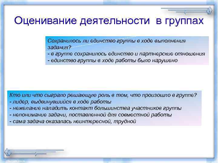 Оценивание деятельности в группах Сохранилось ли единство группы в ходе выполнения задания? - в