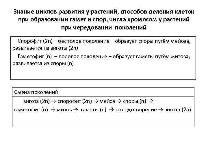 Знание циклов развития у растений, способов деления клеток при образовании гамет и спор, числа
