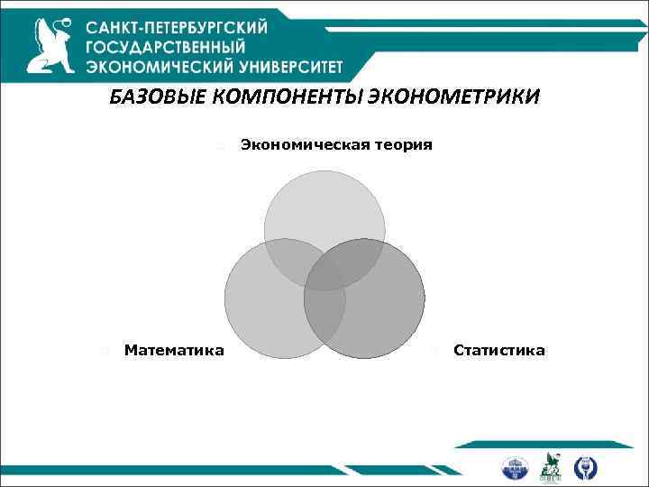 БАЗОВЫЕ КОМПОНЕНТЫ ЭКОНОМЕТРИКИ p p Математика Экономическая теория p Статистика 