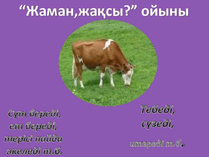 “Жаман, жақсы? ” ойыны Сүт береді, ет береді, терісі пайда әкеледі т. б. Тебеді,