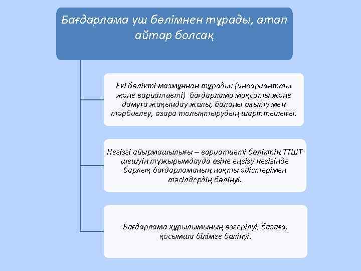 Бағдарлама үш бөлімнен тұрады, атап айтар болсақ Екі бөлікті мазмұннан тұрады: (инвариантты және вариативті)