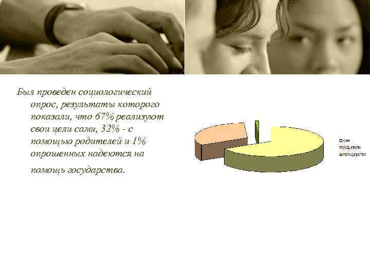 Был проведен социологический опрос, результаты которого показали, что 67% реализуют свои цели сами, 32%