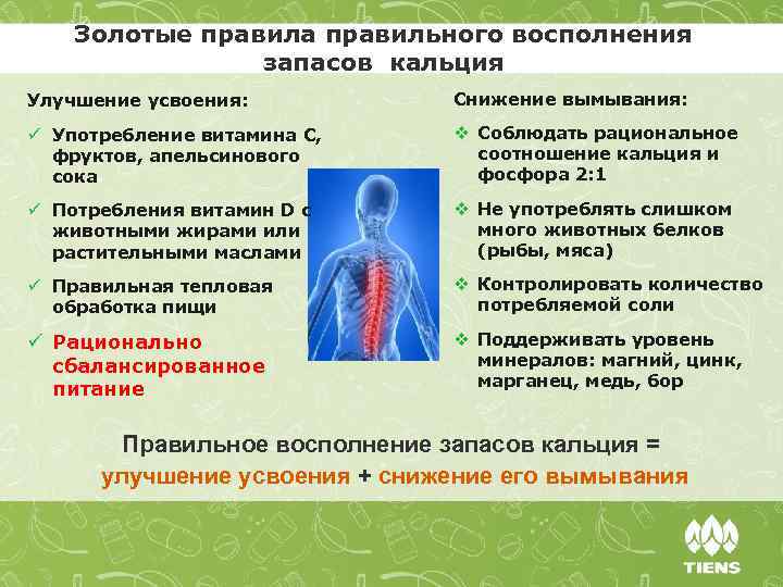 Золотые правила правильного восполнения запасов кальция Улучшение усвоения: Снижение вымывания: ü Употребление витамина С,