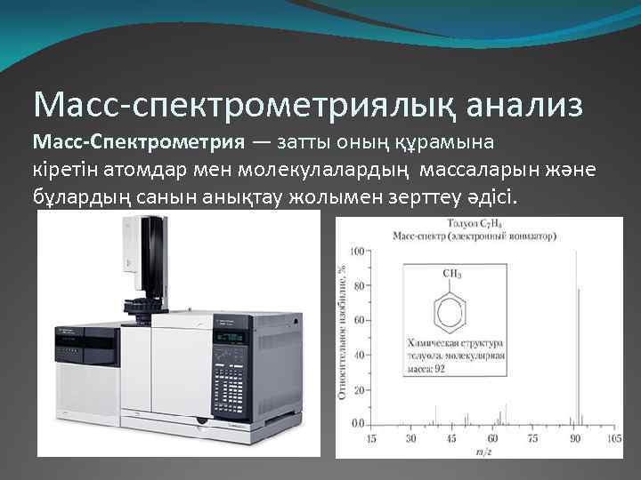 Масс-спектрометриялық анализ Масс-Спектрометрия — затты оның құрамына кіретін атомдар мен молекулалардың массаларын және бұлардың