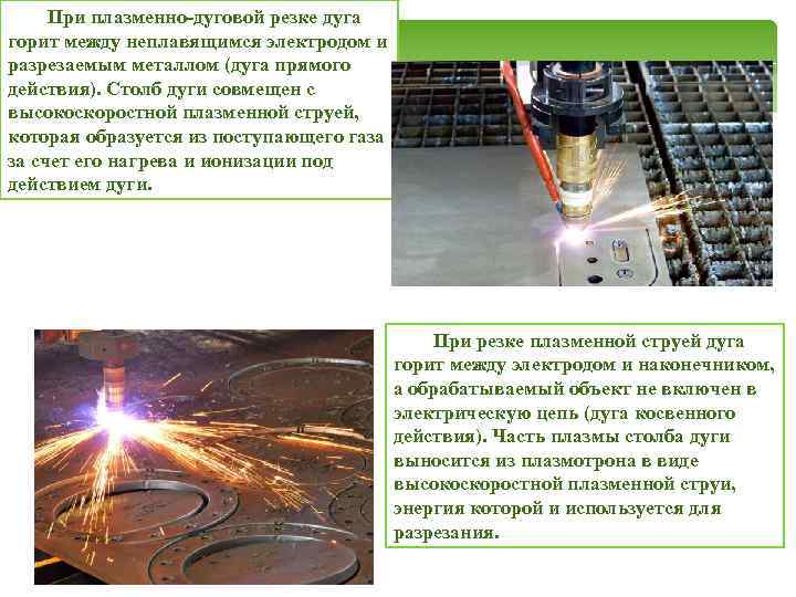 При плазменно-дуговой резке дуга горит между неплавящимся электродом и разрезаемым металлом (дуга прямого действия).