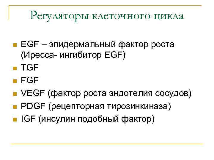 Регуляторы клеточного цикла n n n EGF – эпидермальный фактор роста (Иресса- ингибитор EGF)