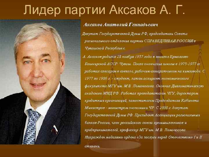 Лидер партии Аксаков А. Г. Аксаков Анатолий Геннадьевич Депутат Государственной Думы РФ, председатель Совета