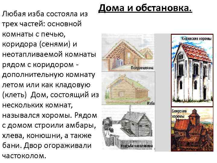 Дома и обстановка. Любая изба состояла из трех частей: основной комнаты с печью, коридора
