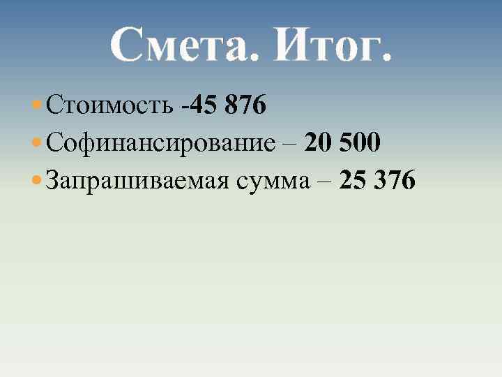 Смета. Итог. Стоимость -45 876 Софинансирование – 20 500 Запрашиваемая сумма – 25 376