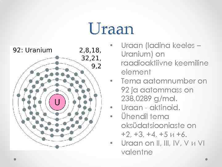 Uraan • • • Uraan (ladina keeles – Uranium) on raadioaktiivne keemiline element Tema