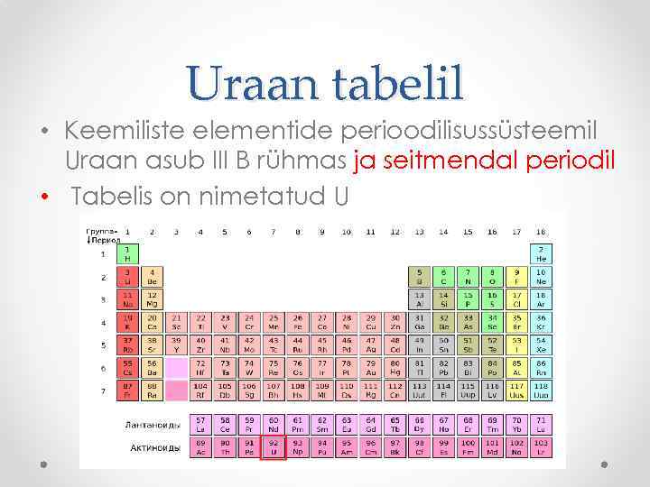 Uraan tabelil • Keemiliste elementide perioodilisussüsteemil Uraan asub III B rühmas ja seitmendal periodil
