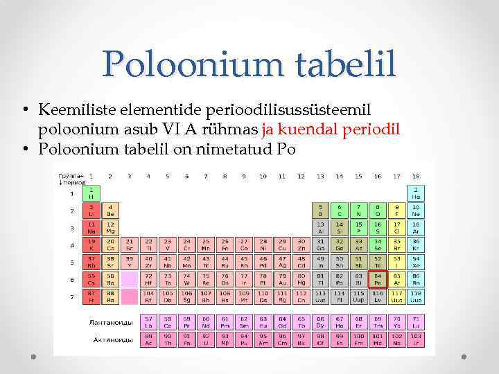 Poloonium tabelil • Keemiliste elementide perioodilisussüsteemil poloonium asub VI A rühmas ja kuendal periodil