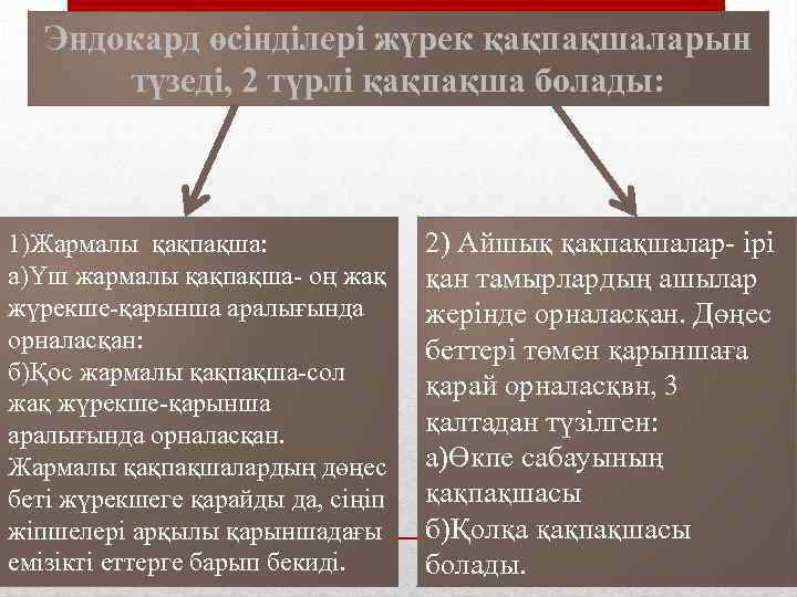 Эндокард өсінділері жүрек қақпақшаларын түзеді, 2 түрлі қақпақша болады: 1)Жармалы қақпақша: а)Үш жармалы қақпақша-