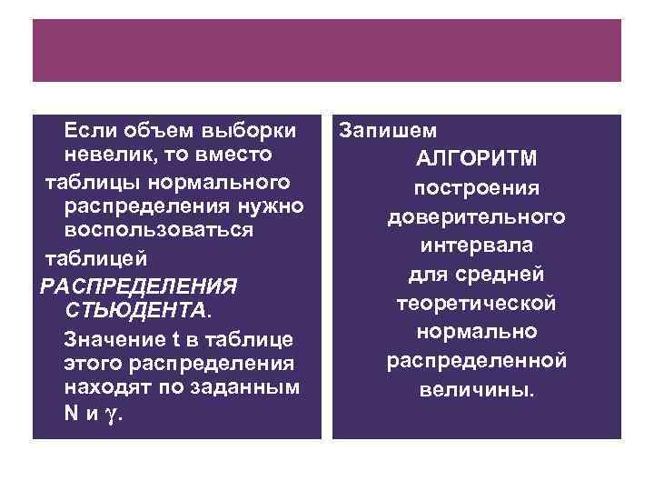 Если объем выборки невелик, то вместо таблицы нормального распределения нужно воспользоваться таблицей РАСПРЕДЕЛЕНИЯ СТЬЮДЕНТА.