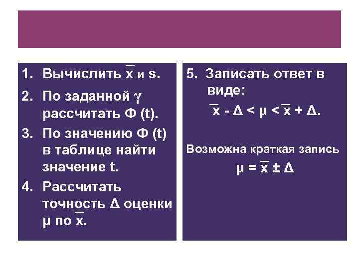 1. Вычислить x и s. 5. Записать ответ в виде: х - Δ <