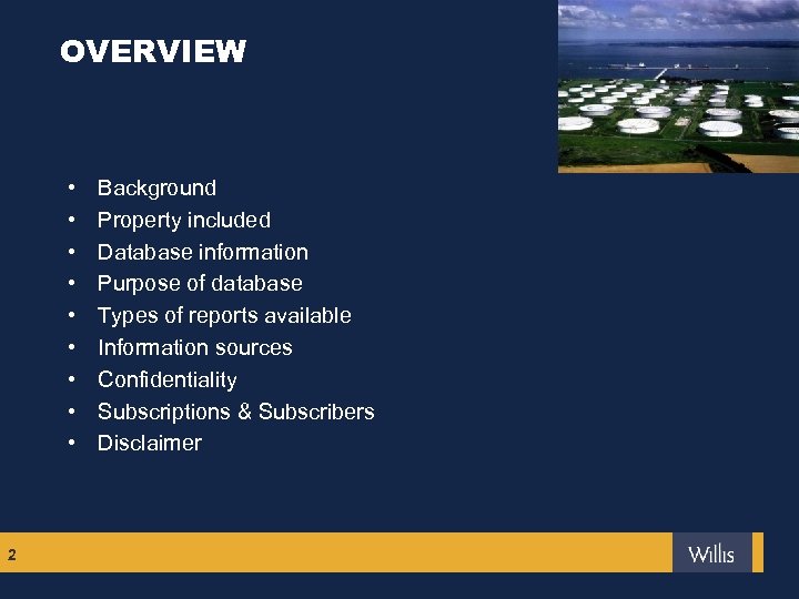 OVERVIEW • • • 2 Background Property included Database information Purpose of database Types