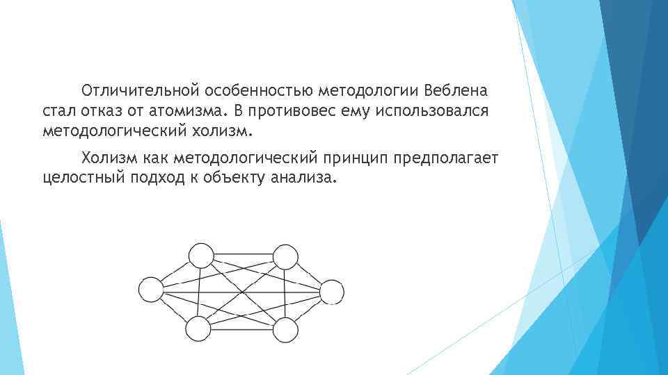 Отличительной особенностью методологии Веблена стал отказ от атомизма. В противовес ему использовался методологический холизм.