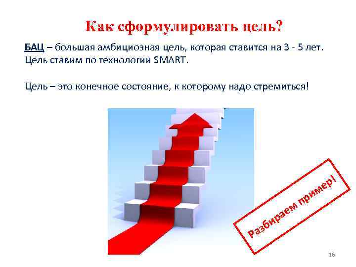 Как сформулировать цель? БАЦ – большая амбициозная цель, которая ставится на 3 - 5