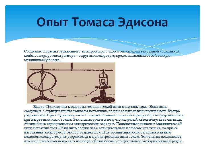 Опыт Томаса Эдисона Соединим стержень заряженного электрометра с одним электродом вакуумной стеклянной колбы, а