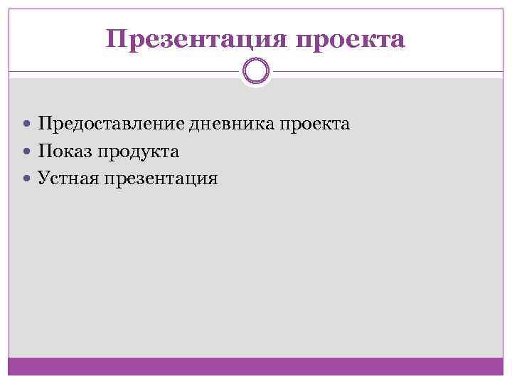 Презентация проекта Предоставление дневника проекта Показ продукта Устная презентация 