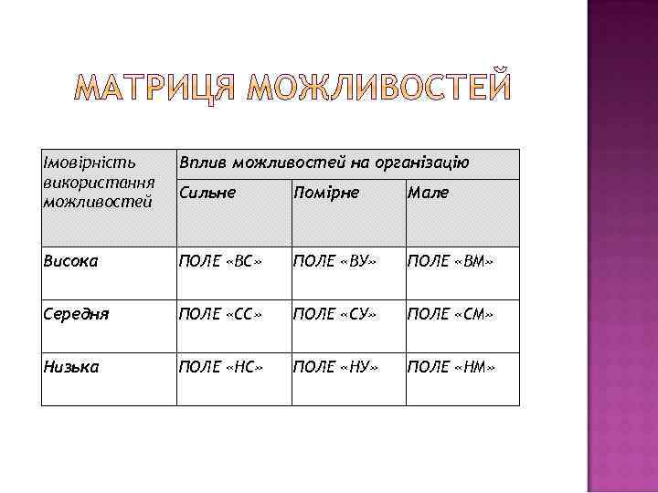 Імовірність використання можливостей Вплив можливостей на організацію Сильне Помірне Мале Висока ПОЛЕ «ВС» ПОЛЕ
