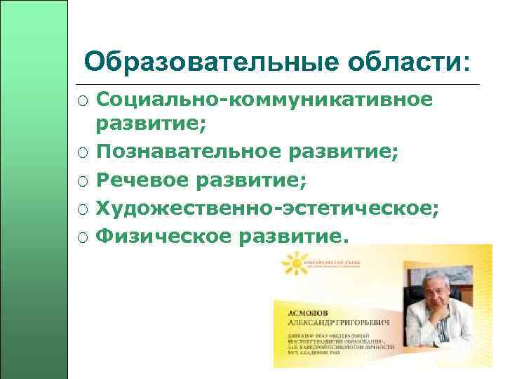 Образовательные области: ¡ ¡ ¡ Социально-коммуникативное развитие; Познавательное развитие; Речевое развитие; Художественно-эстетическое; Физическое развитие.