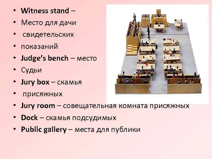  • • • Witness stand – Место для дачи свидетельских показаний Judge’s bench
