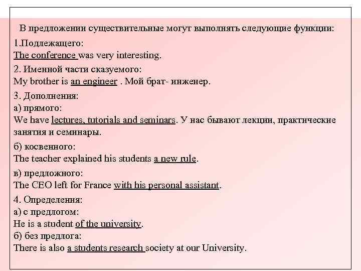  В предложении существительные могут выполнять следующие функции: 1. Подлежащего: The conference was very