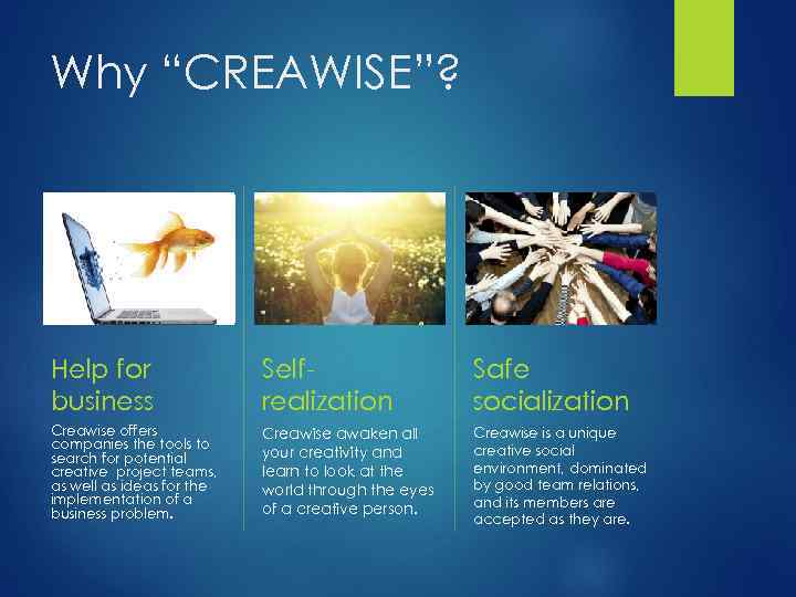 Why “CREAWISE”? Help for business Selfrealization Safe socialization Creawise offers companies the tools to