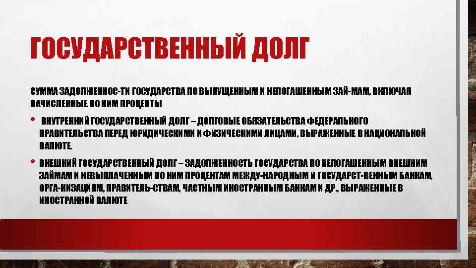 ГОСУДАРСТВЕННЫЙ ДОЛГ СУММА ЗАДОЛЖЕННОС ТИ ГОСУДАРСТВА ПО ВЫПУЩЕННЫМ И НЕПОГАШЕННЫМ ЗАЙ МАМ, ВКЛЮЧАЯ НАЧИСЛЕННЫЕ