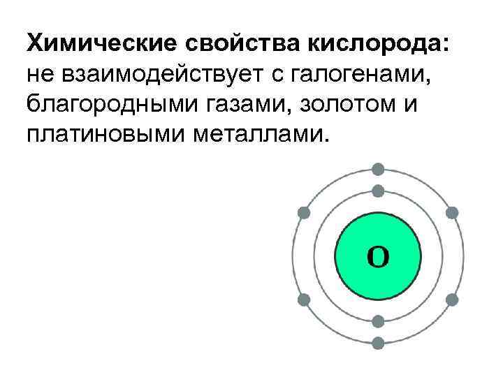 Химические свойства кислорода: не взаимодействует с галогенами, благородными газами, золотом и платиновыми металлами. 