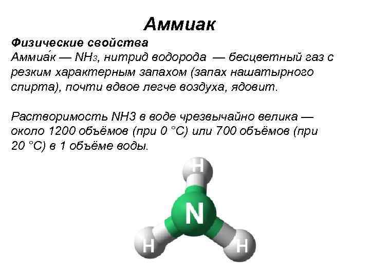 Аммиак Физические свойства Аммиа к — NH 3, нитрид водорода — бесцветный газ с