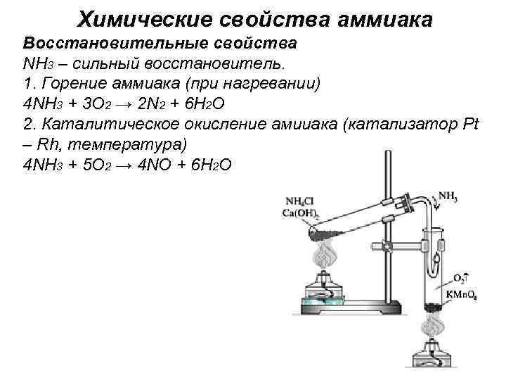 Химические свойства аммиака Восстановительные свойства NH 3 – сильный восстановитель. 1. Горение аммиака (при