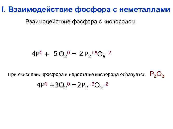 I. Взаимодействие фосфора с неметаллами Взаимодействие фосфора с кислородом 4 P 0 + 5